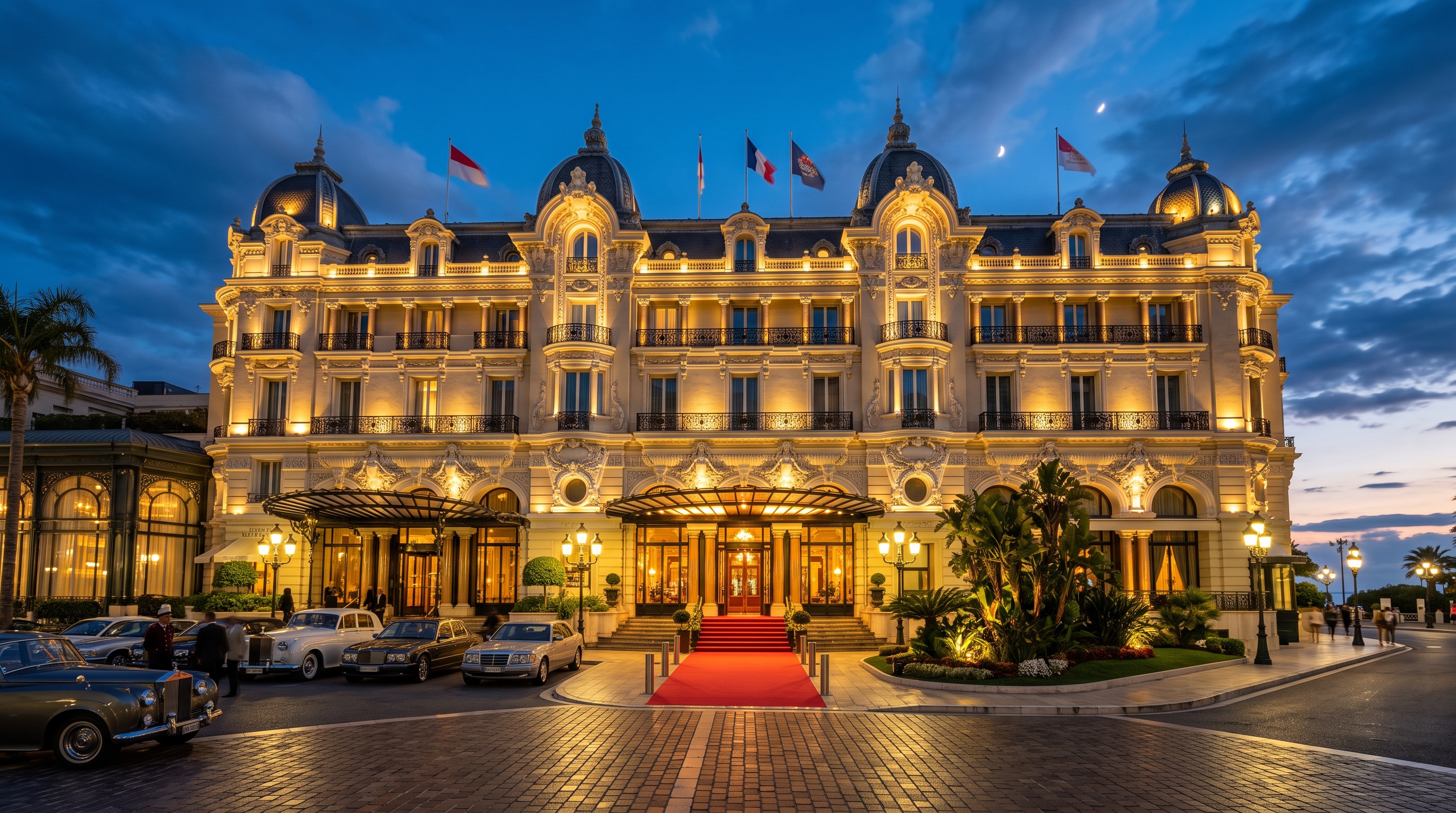 Façade illuminée de l'hôtel
